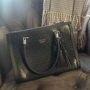 GUESS Black Embossed Satchel with Tassel